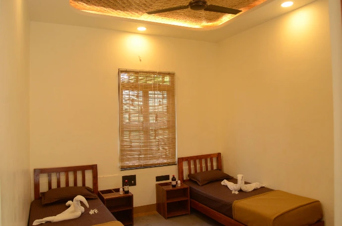 Cosy wooden-furnished single deluxe room at Tapasya Health & Wellness wellness centre