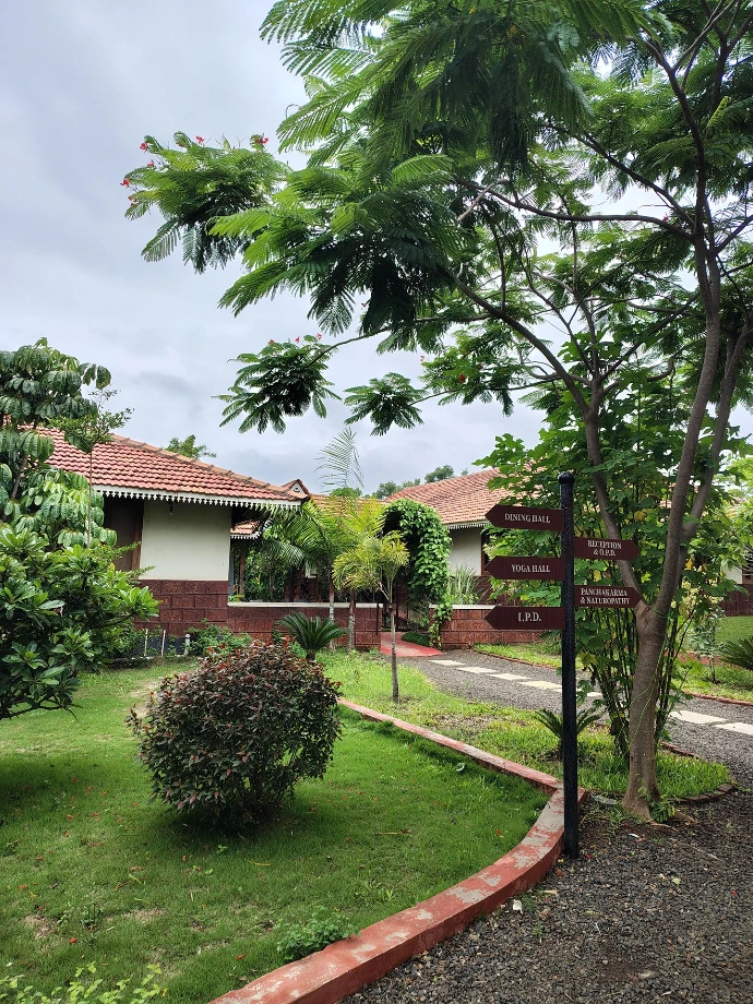 Manicured lawns and shady trees around the cottages at Tapasya Health & Wellness