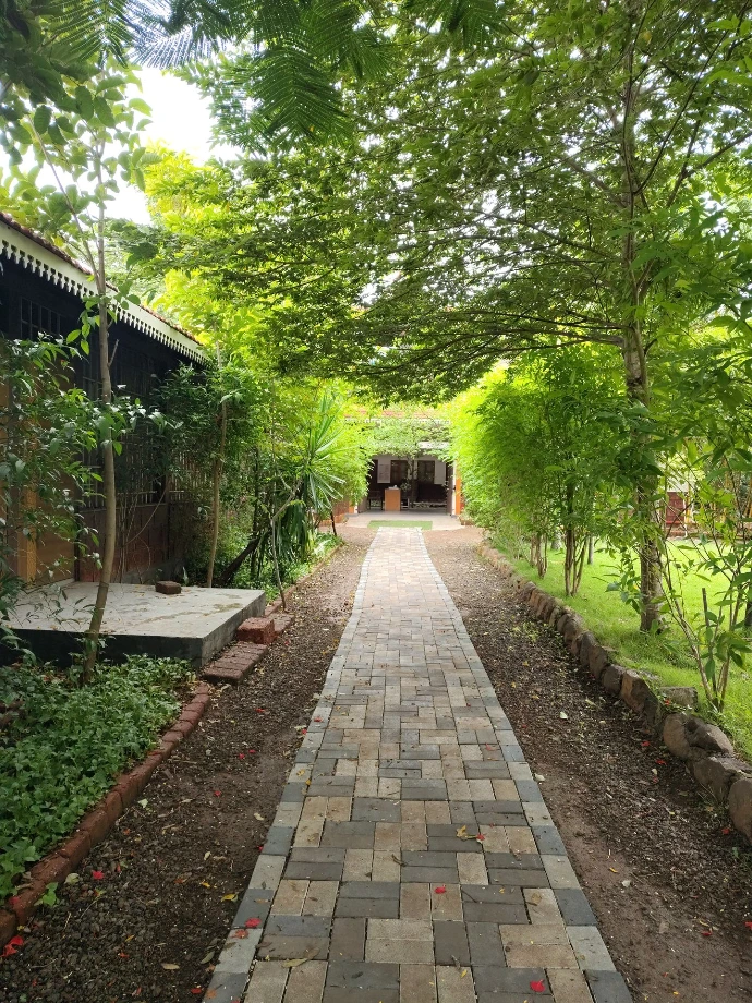 Paved garden pathway leading through greenery at Tapasya Health & Wellness Ayurveda retreat